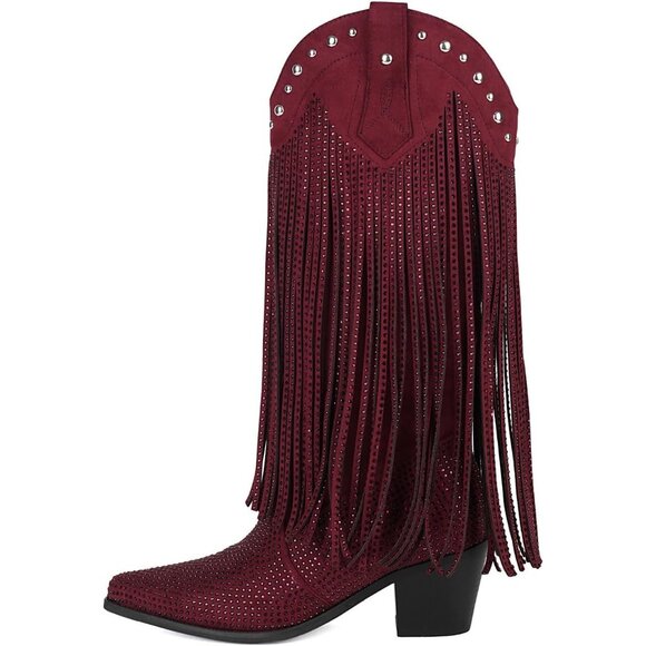 ⚡Women's Burgundy Rhinestone Fringe Cowgirl Boots Sparkly Western Pointed Toe - Picture 1 of 7